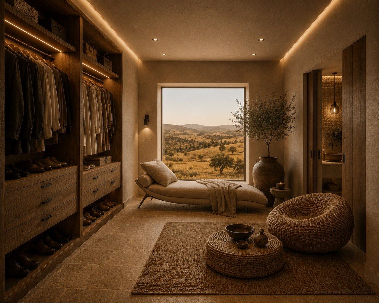Closet em madeira com iluminação LED e janela para o campo