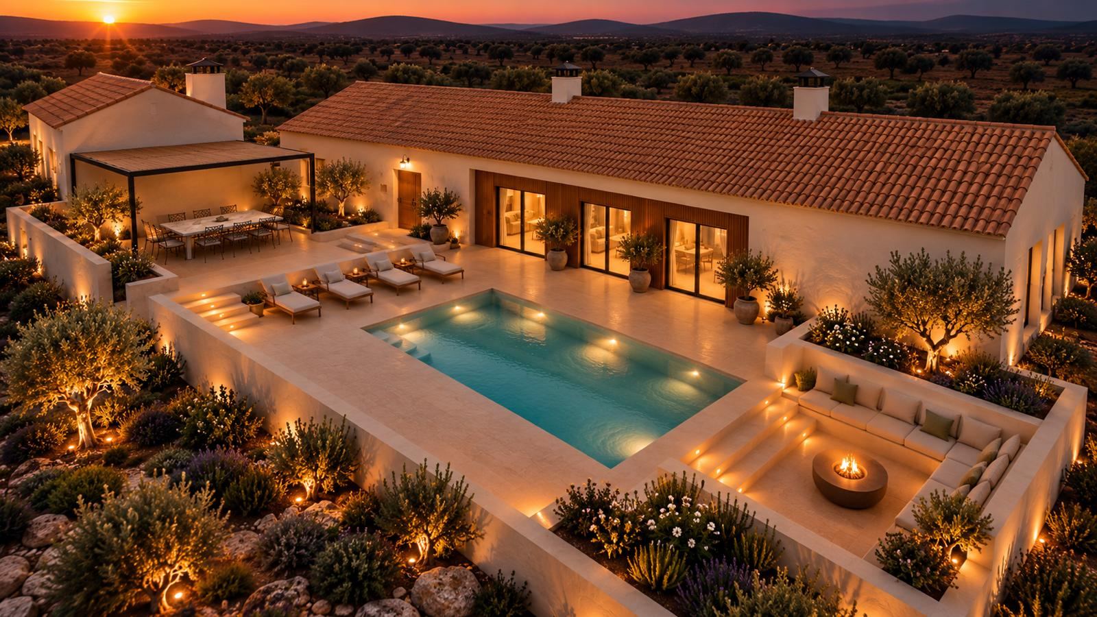 Casa térrea caiada com telhado de telha, piscina e oliveiras ao pôr do sol