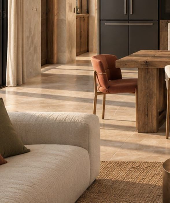 Sala com sofá, mesa de madeira maciça e chão de pedra